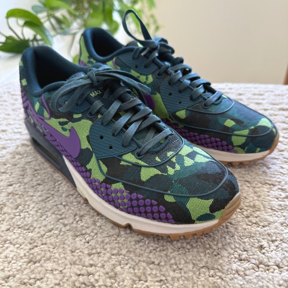 Nike Air Max PRO 90 Sneakers JACQUARD VIVID Purple GHOST Green WOMEN 6 2015 CAMO - Picture 1 of 8